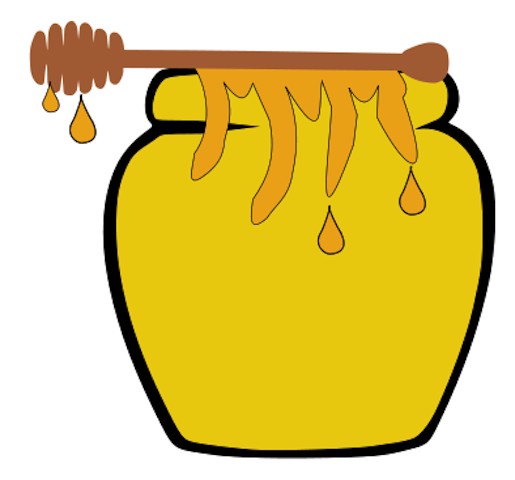 A yellow honey jar with golden honey dripping from a wooden dipper on top.
