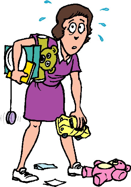 Overwhelmed woman in purple dress juggling toys and books with sweat drops, surrounded by scattered clutter.
