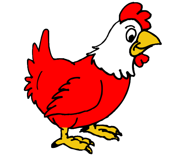 Cheerful cartoon red hen with white face, yellow beak and feet, standing against black background.