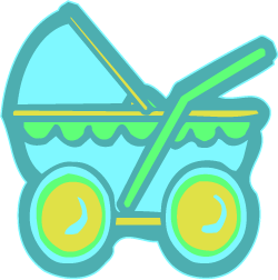 Colorful cartoon-style baby stroller with teal canopy, yellow wheels, and green handle.
