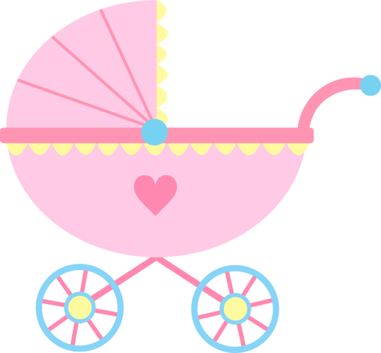 Pink baby carriage with heart detail, scalloped trim, and blue wheels on transparent background.