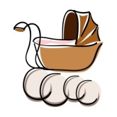 A cartoon baby carriage with a brown canopy and pink interior, resting on four white eggs.