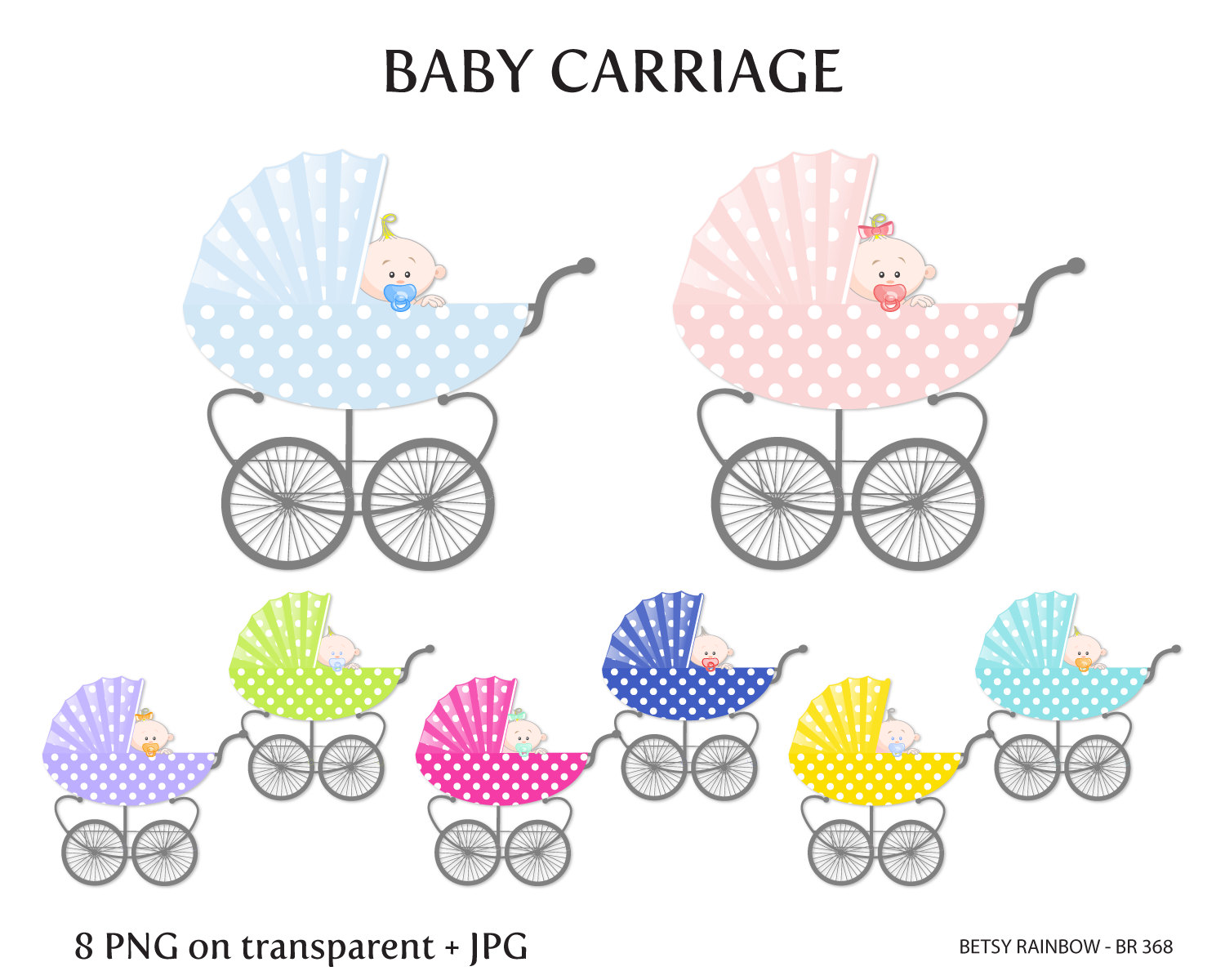 Eight colorful polka-dotted baby carriages with smiling infants, in blue, pink, purple, green, magenta, navy, yellow, and teal.