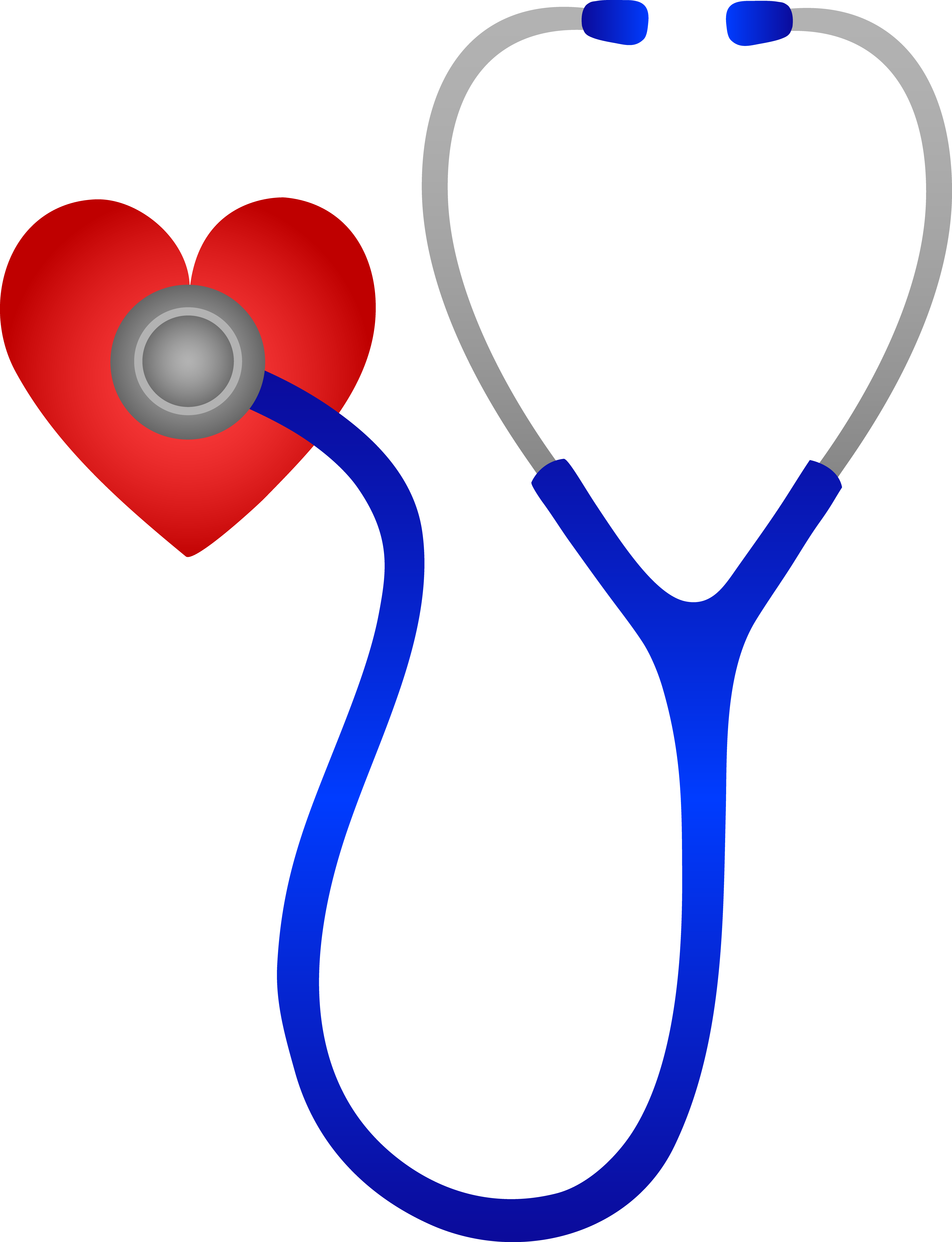 Stylized medical illustration showing a red heart with stethoscope, blue arteries/veins, and ribcage silhouette on black background.