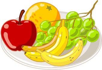 A colorful plate of fresh fruits including a red apple, orange, yellow bananas, and green grapes.