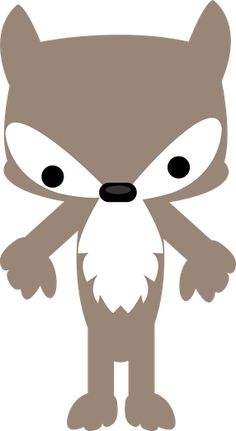 Stylized cartoon fox with angry expression, gray fur, white chest, and black eyes and nose.