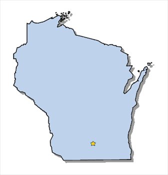 Light blue map of Wisconsin with a yellow star marking a central location, likely the state capital Madison.