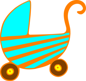 Bright orange and cyan striped cartoon baby carriage with yellow wheels.