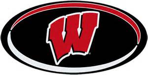 Wisconsin Badgers logo featuring a bold red "W" on black oval with white and red borders.