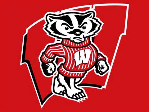 Bucky Badger mascot in red sweater with "W" logo, standing inside a white-outlined Wisconsin "W" on red background.