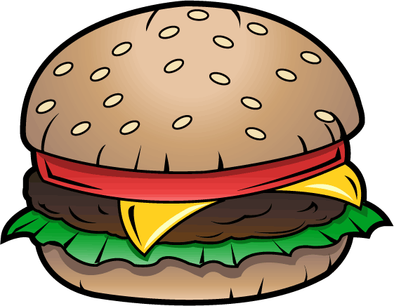 Cartoon-style cheeseburger with sesame seed bun, beef patty, lettuce, and cheese.