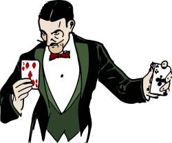 A suave magician in a green tuxedo performs a card trick, holding the Ace of Diamonds and Ace of Clubs with a confident smirk.