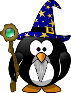 A cartoon penguin wizard with a blue starry hat, gray beard, and glowing green staff.