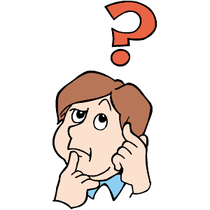 Cartoon man with brown hair, blue shirt, hand on chin, thinking with large red question mark above head.