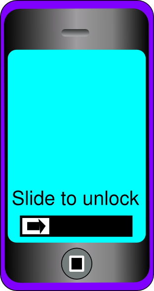 Smartphone screen showing "Slide to unlock" with arrow slider on cyan background and purple border