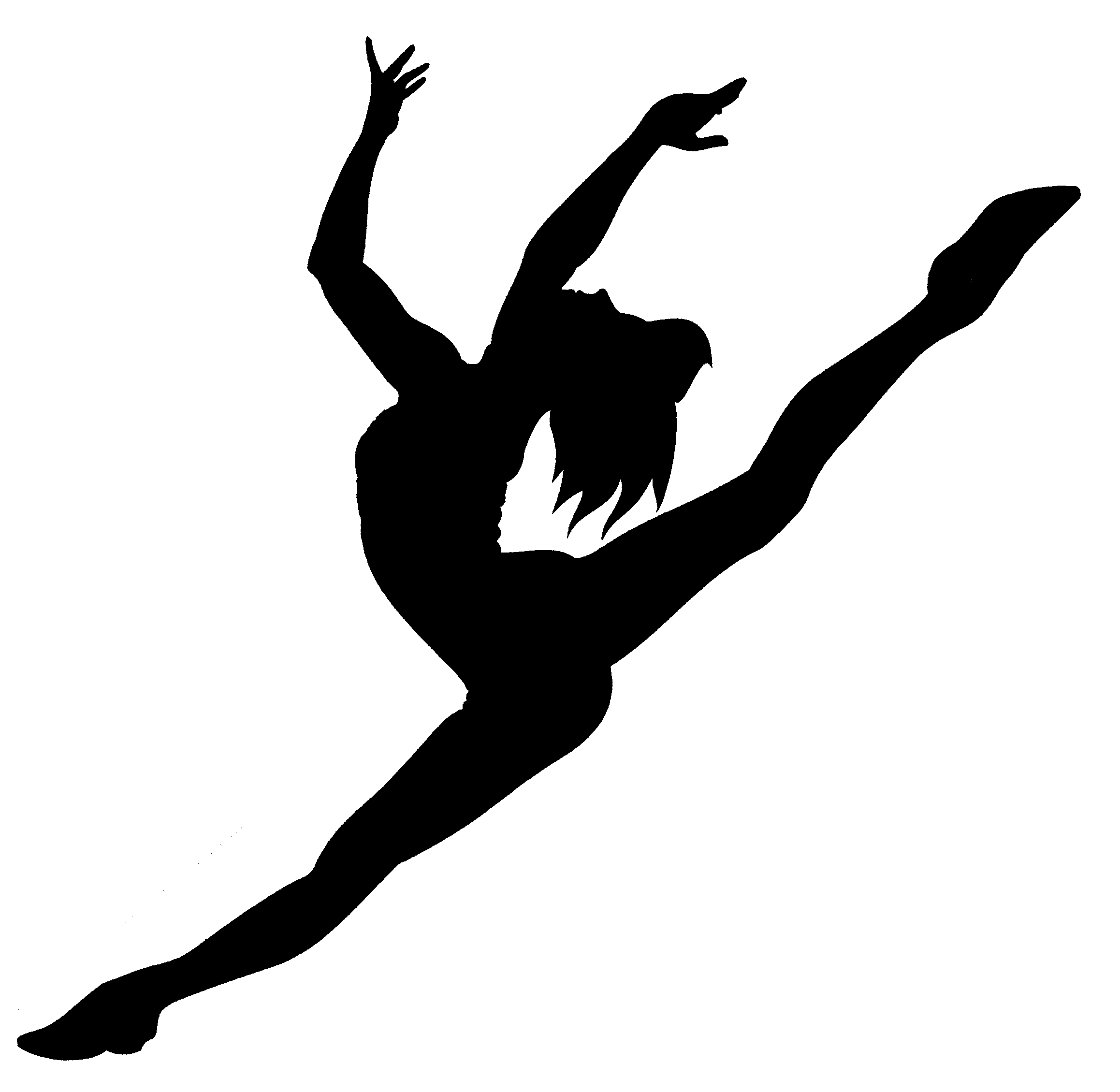 Silhouette of a female dancer mid-leap in a dynamic split pose, arms extended gracefully upward.