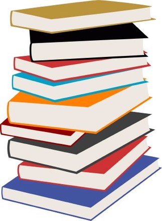 Stack of colorful hardcover books in a slightly uneven pile, symbolizing learning and literature.