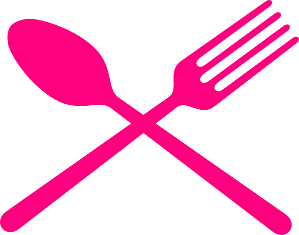 Pink fork and spoon crossed icon on black background, symbolizing dining or food services.