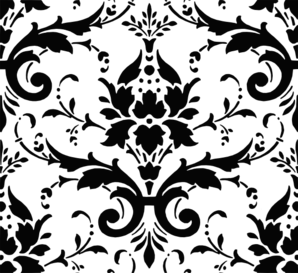 Dark ornate damask pattern with symmetrical floral and scroll motifs in black-on-black texture.