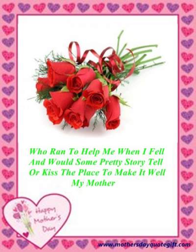 A bouquet of red roses with green stems and a red ribbon, framed by pink and purple hearts, with a Mother’s Day quote and heart-shaped logo.