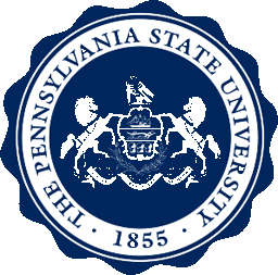 Official seal of Pennsylvania State University, featuring a shield, lions, and founding year 1855 in navy blue and white.