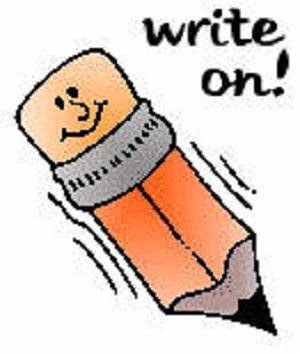 Smiling cartoon pencil with eraser and "write on!" text, encouraging writing or creativity.
