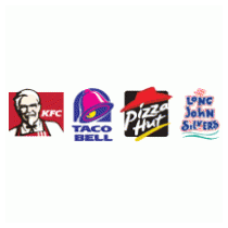 Logos of KFC, Taco Bell, Pizza Hut, and Long John Silver's fast-food brands.