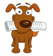 Brown cartoon dog with wide eyes holding a rolled newspaper in its mouth.