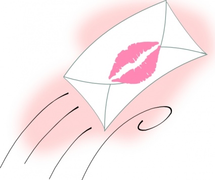 A white envelope with a pink lipstick kiss mark, flying through the air with motion lines and soft pink glow.