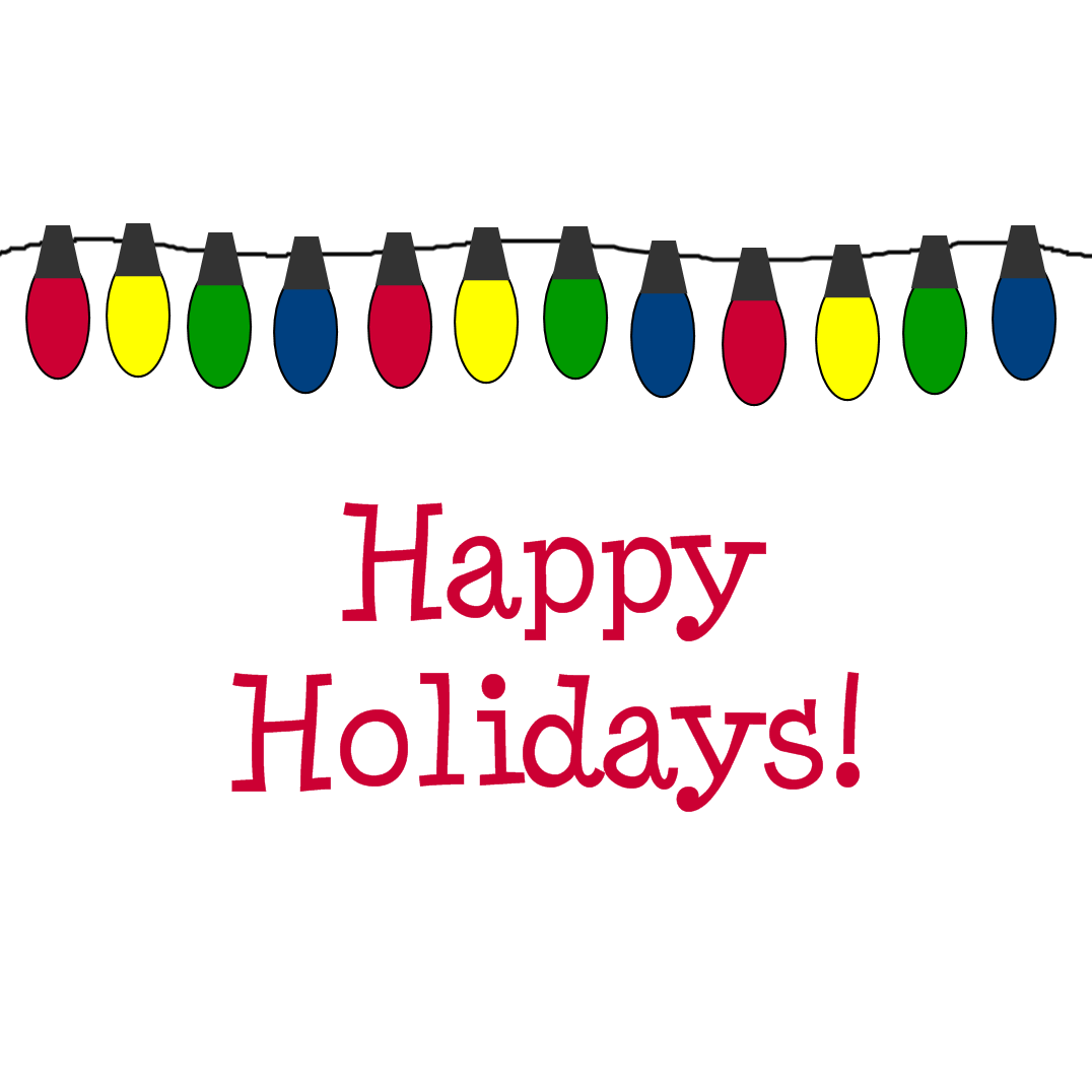 Colorful holiday string lights with "Happy Holidays!" text below on white background.