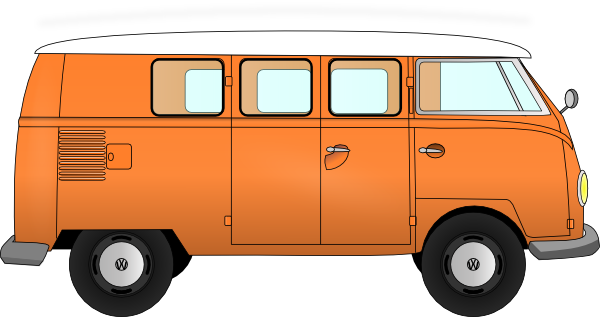 Orange vintage VW camper van with white roof and surfboard on top, side view illustration.