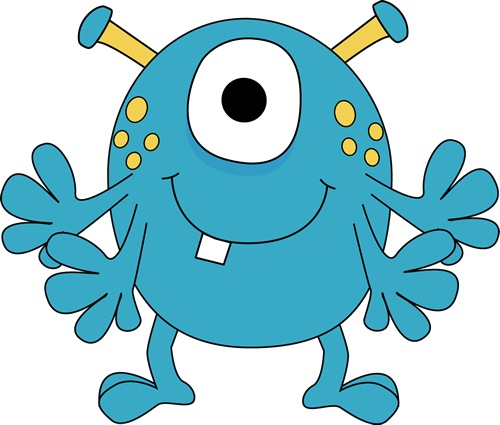 Friendly blue one-eyed cartoon monster with yellow spots and antennae, smiling with open arms.