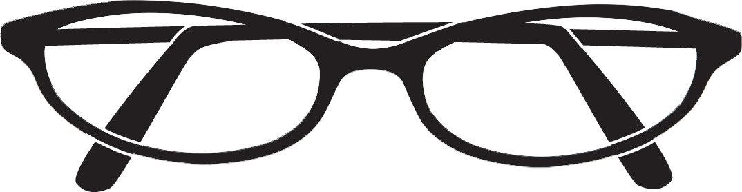 Black-framed eyeglasses icon in minimalist silhouette style, front-facing view with rounded lenses and temple arms.