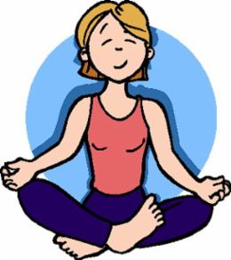 Woman meditating in lotus pose with eyes closed, wearing red tank top and purple pants, against a blue circular background.