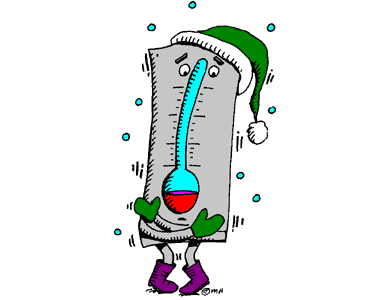 A cartoon thermometer wearing a Santa hat, gloves, and boots, shivering in the cold with snowflakes around.