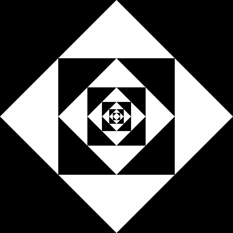 Black and white geometric optical illusion with nested squares forming a tunnel-like spiral pattern.