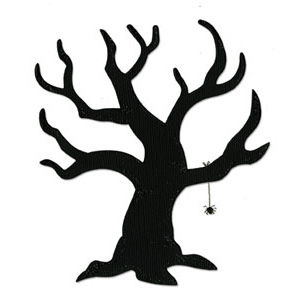 Black silhouette of a gnarled, leafless tree with a spider dangling from a branch-spooky Halloween decoration motif.