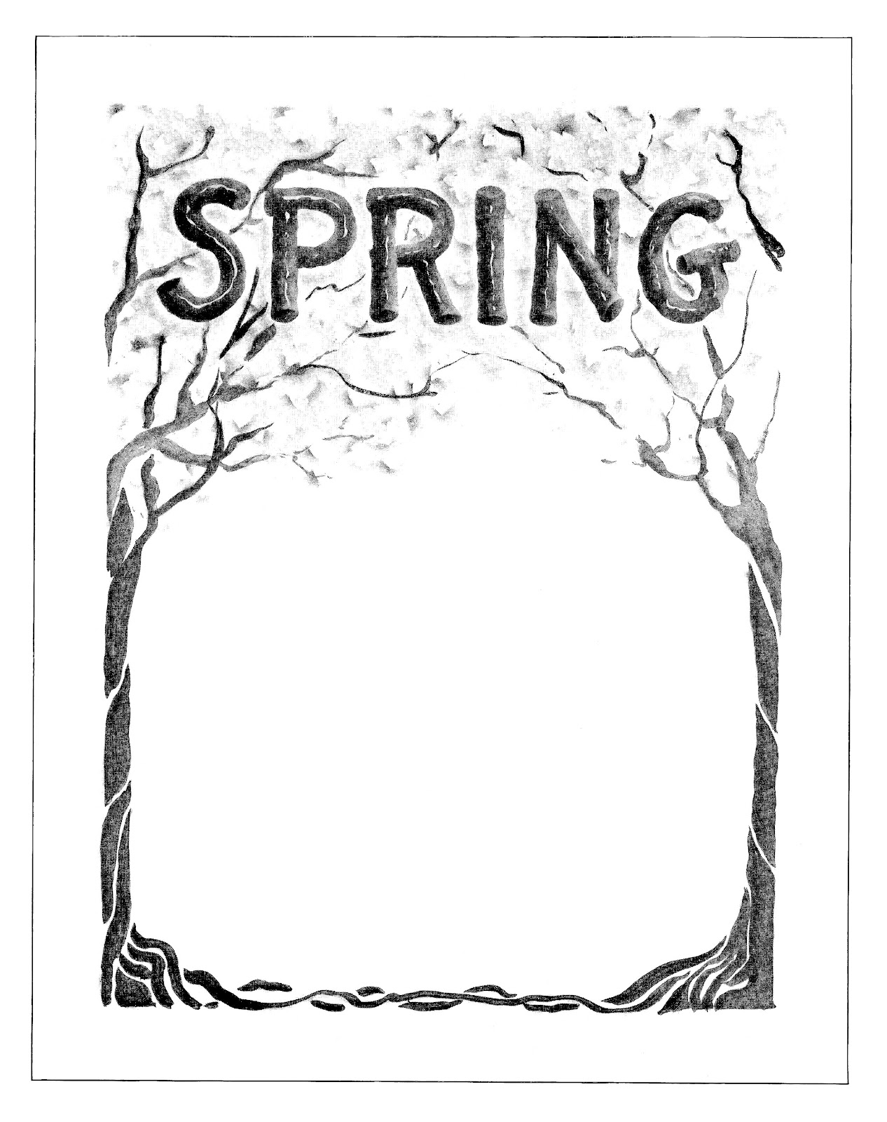 Hand-drawn "SPRING" title framed by budding tree branches in a vintage black-and-white illustration.