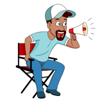 Enthusiastic man in cap and casual wear shouting into a red megaphone while seated on a director’s chair.