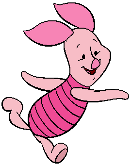 Piglet from Winnie the Pooh joyfully leaping in a pink striped shirt, smiling with eyes closed.