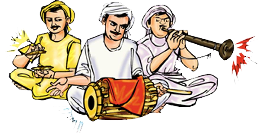 Three Indian musicians in traditional attire playing dholak, shehnai, and manjira with expressive energy.