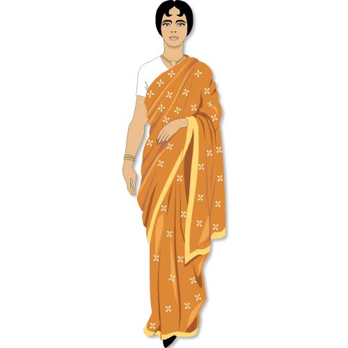 Woman wearing a traditional orange saree with white floral motifs and gold border, paired with a white blouse and jewelry.