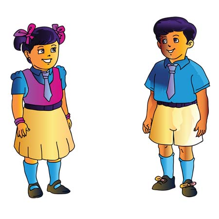 Two smiling cartoon schoolchildren in uniforms-girl with purple bow and boy with blue shirt-standing side by side.