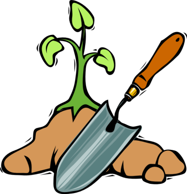 A young green plant sprouting from brown soil next to a gardening trowel with an orange handle.