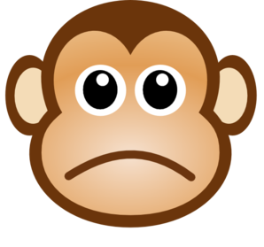 Sad cartoon monkey face with large eyes and downturned mouth, expressing disappointment or concern.