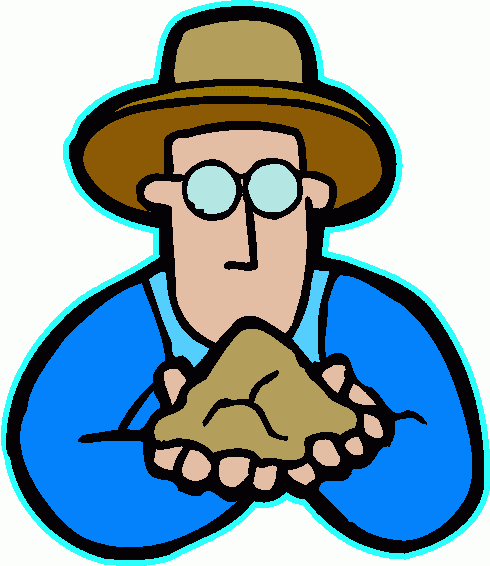 Cartoon geologist in hat and glasses holding a rock sample.