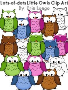 Colorful cartoon owls in various patterns and sizes, arranged in a playful cluster.