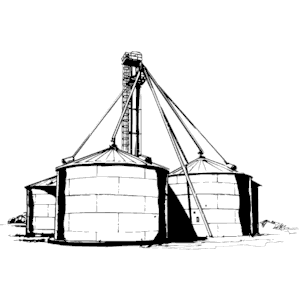 Black-and-white line drawing of three cylindrical agricultural silos with a central grain elevator and support cables.
