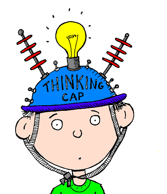 Cartoon child wearing a blue "Thinking Cap" with a lightbulb and coils, symbolizing creativity and problem-solving.