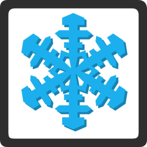Blue 3D-style snowflake icon on black background, symbolizing winter, cold, or snowfall.